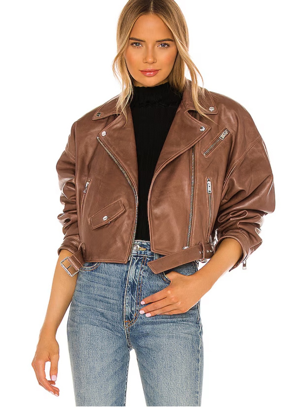 Lamarque Dylan Brown Leather Cropped Moto Jacket - Women